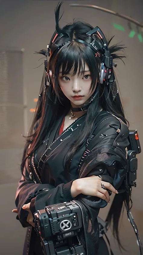 ((Best quality)), ((masterpiece)), (highly detailed:1.3), 3D, beautiful (cyberpunk:1.3) samurai woman with long black hair, black clothes looking at camera