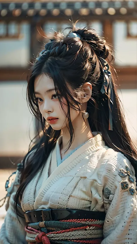 ((Best quality)), ((masterpiece)), (highly detailed:1.3), 3D, realistic, beautiful, assasint woman with long black hair, Samurai hanbok korean clothes, looking at camera, in action