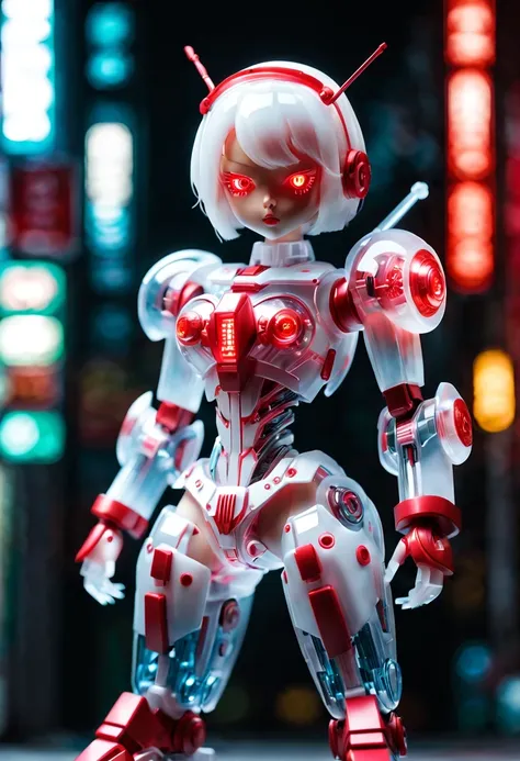 (Blind box toy style:1.2),kawaii doll, huge (translucent mechanical girl:1.2) Mechanical warriors contain a large number of electronic components, Luminous electronic eye. The mecha stands on the ground in a combat posture. white and red color scheme.(Ray ...