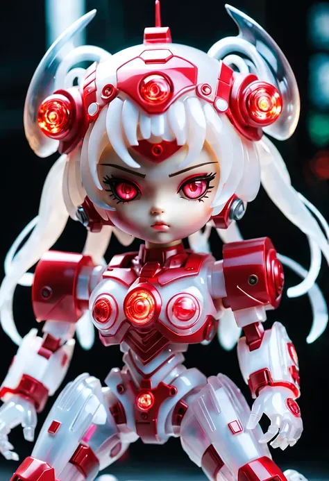 (Blind box toy style:1.2),kawaii doll, huge (translucent mechanical girl:1.2) Mechanical warriors contain a large number of electronic components, Luminous electronic eye. The mecha stands on the ground in a combat posture. white and red color scheme.(Ray ...