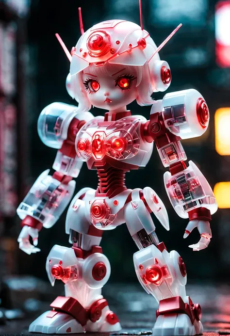 (Blind box toy style:1.2),kawaii doll, huge (translucent mechanical girl:1.2) Mechanical warriors contain a large number of electronic components, Luminous electronic eye. The mecha stands on the ground in a combat posture. white and red color scheme.(Ray ...