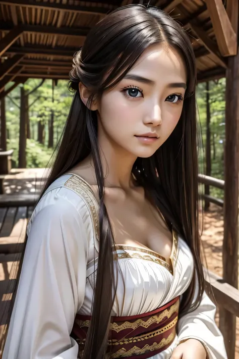 ８ｋ、High resolution、Beautiful women from primitive times、young、white skin,、narrow eyes,high nose,lighting that illuminates the face、clear image、intellectual beauty、skinny、no makeup、The expression you show to your lover,shining hair、single eyelid,、vivid pose...