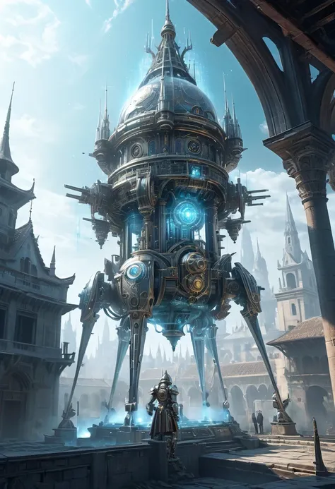 Translucent ethereal mechanical warrior，Spectacular high-tech space landscape,The integration of future technology and medieval cities,Medieval ancient palace,Medieval ancient bell tower,medieval antiquity,Translucent ethereal mechanical warrior，Model shoo...