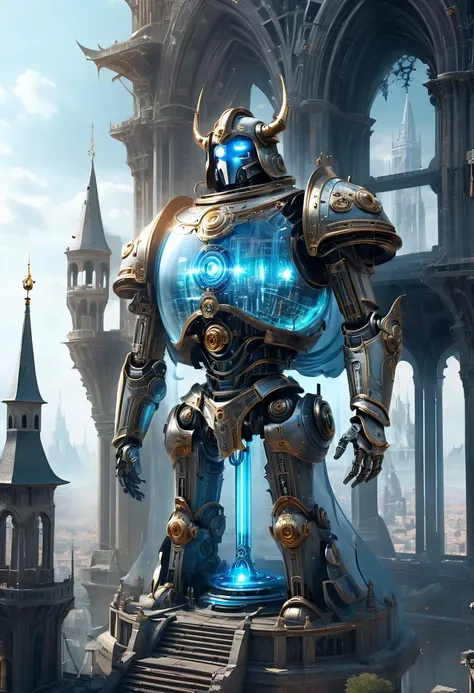 translucent ethereal mechanical warrior，spectacular high-tech space landscape,the integration of future technology and medieval ...