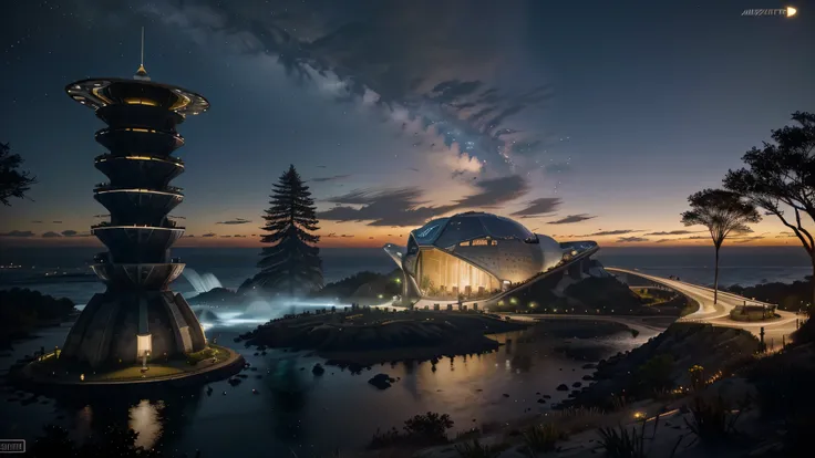 farol feito de pedra, steel dome, lago, ruins, Night sky, Trees, ponte, iluminado, ciberpunk 2077, jogo horizonte zero amanhecer, jogo sombra do colosso, Santiago Calatrava, population, jardins e ruinas, futurista
