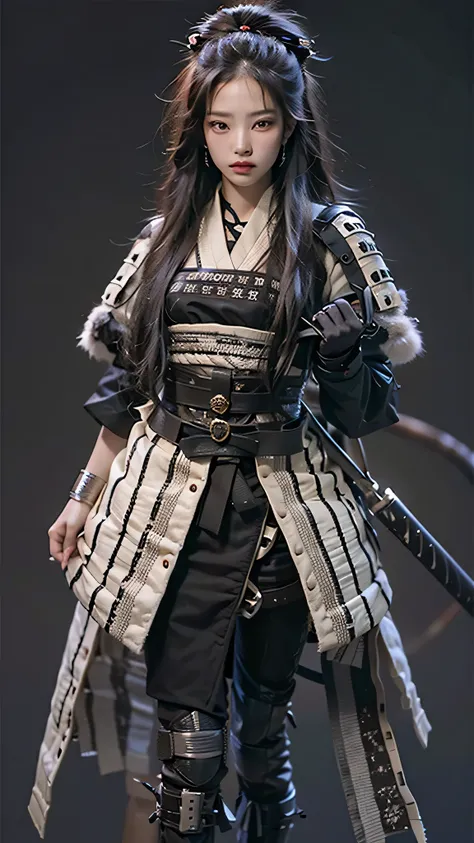 ((Best quality)), ((masterpiece)), (highly detailed:1.3), 3D, beautiful, samurai woman with long black hair, black clothes looking at camera, action