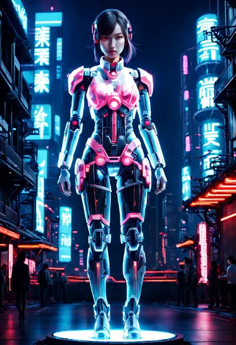 Mecha girl，Future machinery stands in front of the earth,whole body, In the context of the city of the future, The combination of biology and machinery, translucent mechanical girl, The internal structure is complex and precise, glowing neon lights,(high d...