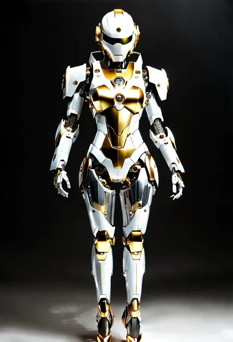 Mecha girl，(full-body shot:1.5), (full view:1.5), Pure black background, There is a white and gold transparent girl mecha standing on the ground.，Get into fighting stance,Exquisite white transparent glass mechanical armor, Metal mechanical mask, Precision ...