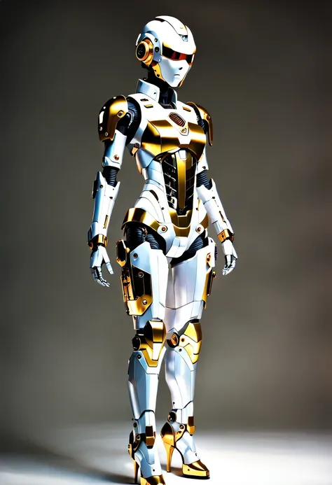 Mecha girl，(full-body shot:1.5), (full view:1.5), Pure black background, There is a white and gold transparent girl mecha standing on the ground.，Get into fighting stance,Exquisite white transparent glass mechanical armor, Metal mechanical mask, Precision ...