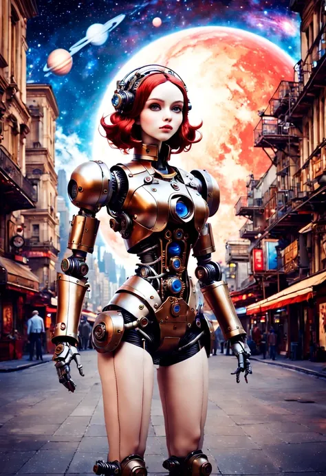 Mecha girl，A mechanical doll stands in front of a planet painting, Retro city background,perfect mechanical body, interconnected human life forms, Panorama of mechanical female doll,Victoria steampunk， endless dreams, stardust, galaxy,