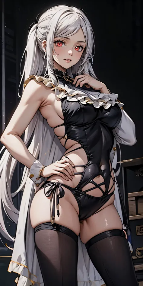 silver hair, twintail, bow, red eyes, best quality, masterpiece, highres, solo, (best quality:1.3), (masterpiece:1.3), (illustration:1.3), (ultra-detailed:1.3), 1girl, solo, large breasts, tall, mature, elegant, one hand on hip, one-shoulder one-piece swim...