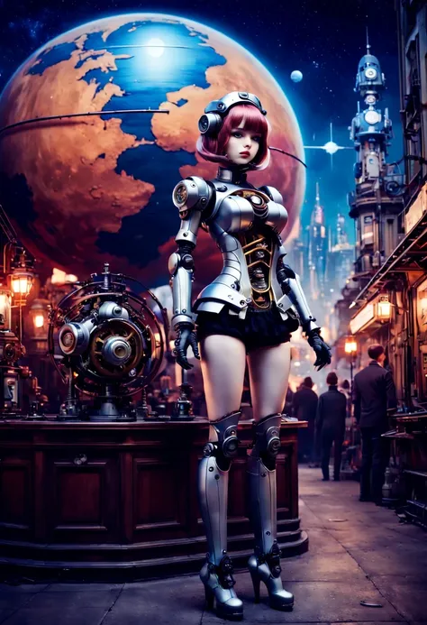 Mecha girl，A mechanical doll stands in front of a planet painting, Retro city background,perfect mechanical body, interconnected human life forms, Panorama of mechanical female doll,Victoria steampunk， endless dreams, stardust, galaxy,