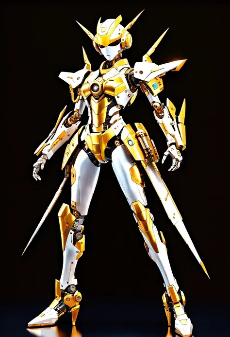 Mecha girl，(full-body shot:1.5), (full view:1.5), Pure black background, There is a white and gold transparent girl mecha standing on the ground.，Get into fighting stance,Exquisite white transparent glass mechanical armor, Metal mechanical mask, Precision ...