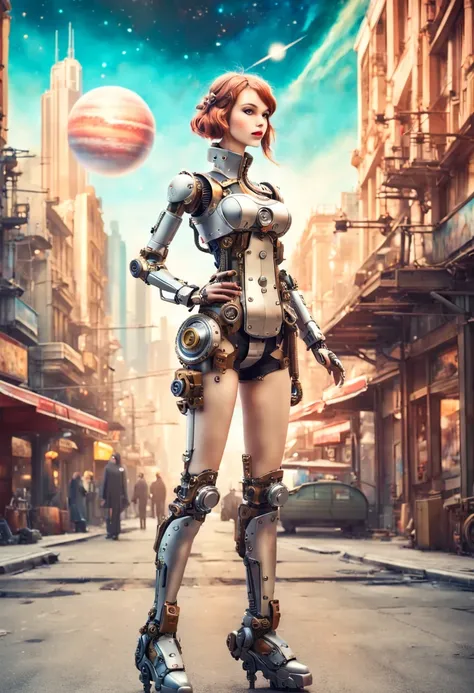 Mecha girl，A mechanical doll stands in front of a planet painting, Retro city background,perfect mechanical body, interconnected human life forms, Panorama of mechanical female doll,Victoria steampunk， endless dreams, stardust, galaxy,