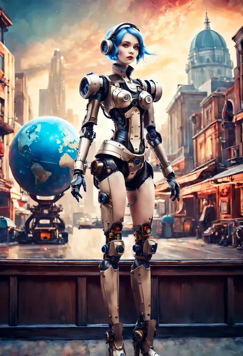 Mecha girl，A mechanical doll stands in front of a planet painting, Retro city background,perfect mechanical body, interconnected human life forms, Panorama of mechanical female doll,Victoria steampunk， endless dreams, stardust, galaxy,