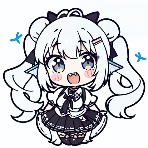 (1girl,20 years old),solo,(white background,line drawing,long hair, white hair,fish ears,smile,smile,upper body,twintails,open mouth,from front,((white shirt,black standart tie,short sleeves,black skirt)),chibi