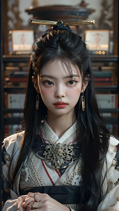 ((Best quality)), ((masterpiece)), (highly detailed:1.3), 3D, beautiful, samurai woman with long black hair, black clothes looking at camera, 8K, realistic, ultra masterpiece