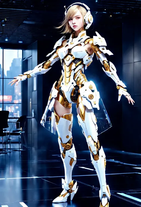 Mecha girl，(full-body shot:1.5), (full view:1.5), Pure black background, There is a white and gold transparent girl mecha standing on the ground.，Get into fighting stance,Exquisite white transparent glass mechanical armor, Metal mechanical mask, Precision ...