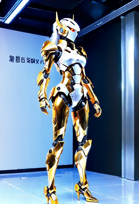 mecha girl，(full-body shot:1.5), (full view:1.5), pure black background, there is a white and gold transparent girl mecha standi...