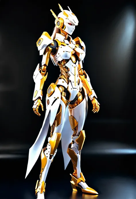 mecha girl，(full-body shot:1.5), (full view:1.5), pure black background, there is a white and gold transparent girl mecha standi...