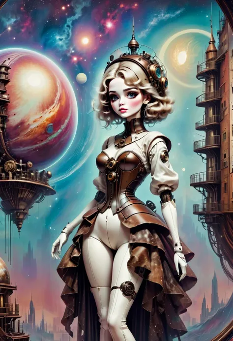 There&#39;A mechanical doll stands in front of a planet painting, Retro city background, psychological artwork, interconnected human life forms, Panorama of mechanical female doll,Victoria steampunk， endless dreams, stardust, galaxy, 