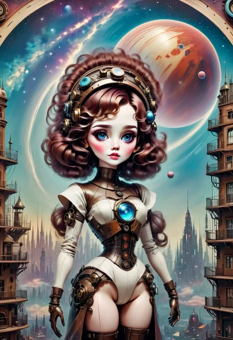 There&#39;A mechanical doll stands in front of a planet painting, Retro city background, psychological artwork, interconnected human life forms, Panorama of mechanical female doll,Victoria steampunk， endless dreams, stardust, galaxy, 