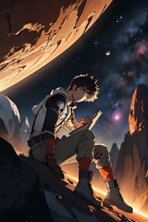 Desenhe um jovem programador, sitting on a research platform floating in the middle of an asteroid belt. He is studying with a notebook, surrounded by several asteroids glowing with fiery auras. Dramatic lighting from distant stars and planets illuminates ...