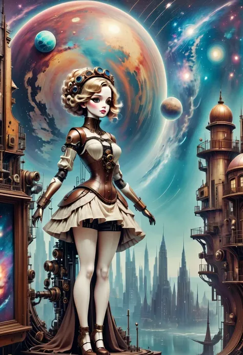 There&#39;A mechanical doll stands in front of a planet painting, Retro city background, psychological artwork, interconnected human life forms, Panorama of mechanical female doll,Victoria steampunk， endless dreams, stardust, galaxy, 