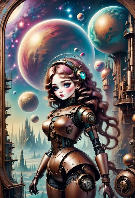 There&#39;A mechanical doll stands in front of a planet painting, Retro city background, psychological artwork, interconnected human life forms, Panorama of mechanical female doll,Victoria steampunk， endless dreams, stardust, galaxy, 