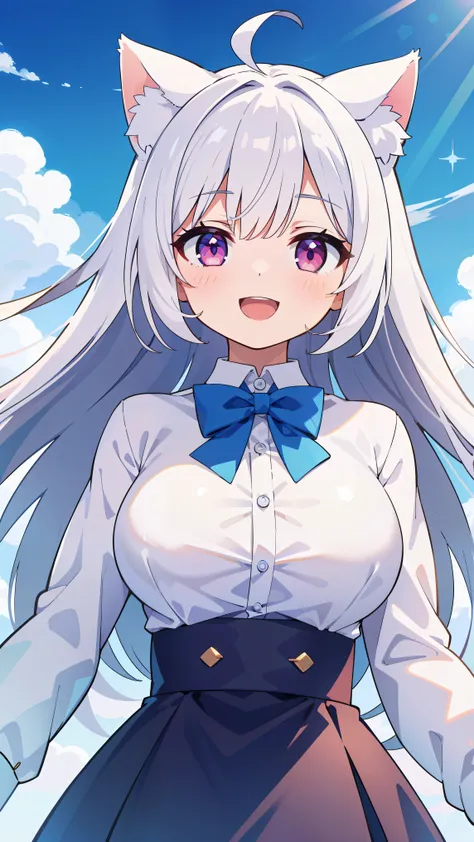 masterpiece, best quality, alone, ,, White shirt, open mouth, bowtie, big breasts, Button gap, empty eyes,white hair，straight hair，light pink eyes，catwoman，big breasts，white cat ears，open mouth，smiling blue sky, wind,long hair