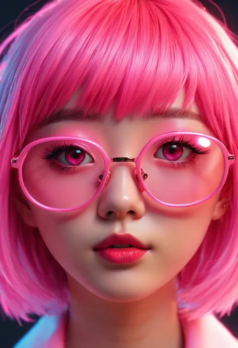 Close-up of a woman with pink hair wearing glasses, artwork in Guvez style, Guvez, kawaii realistic portrait, inspired by Cheng Yanjun, glowing pink face, pink girl, Beautiful anime portrait, pink glasses, glowing pink eyes, Realistic anime 3D style, Yanju...