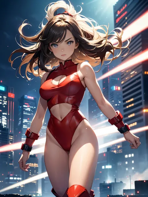 masterpiece, best quality, 1girl, medium breasts, leotard, red leotard with white accents, sleeveless, midriff, bare legs, boots, matching boots, bracelets, city backdrop, solo, single, standing, heroic, full body shot, cowboy shot, beautiful detailed eyes...