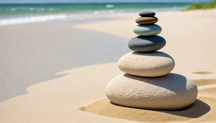 Close-up of three stacked rocks of different colors:1.5, Karesansui.different colored stones.明顯Karesansui沙痕.fine white sand.Fresh and bright, Best light and shadow contrast, , it is sand sculpture lawn, it is nature background, A powerful zen combination, ...