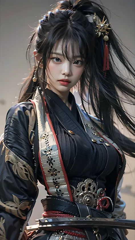 ((Best quality)), ((masterpiece)), (highly detailed:1.3), 3D, beautiful, samurai woman with long black hair, black clothes looking at camera, 8K, realistic, ultra masterpiece, dinamic style, dinamic pose