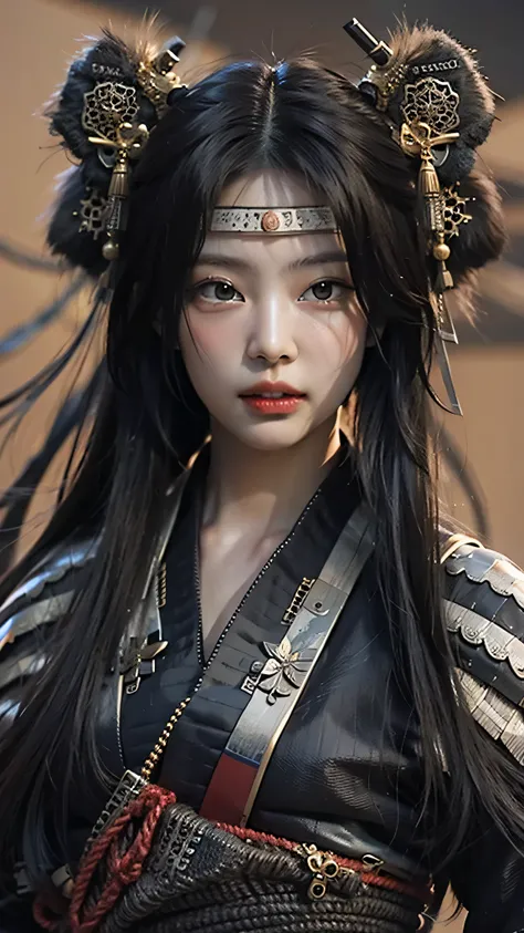 ((Best quality)), ((masterpiece)), (highly detailed:1.3), 3D, beautiful, samurai woman with long black hair, wearing sexy samurai black clothes looking at camera, 8K, realistic, ultra masterpiece, dinamic style, dinamic pose