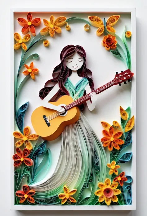 (paper art，layered paper art，paper quilling, 剪paper art术,Paper art ), pure white background, Open a vertical book,Girl singing with guitar in hands,spring