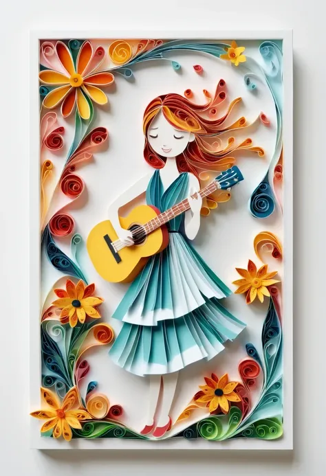 (paper art，layered paper art，paper quilling, 剪paper art术,paper art ), pure white background, open a vertical book,girl singing w...