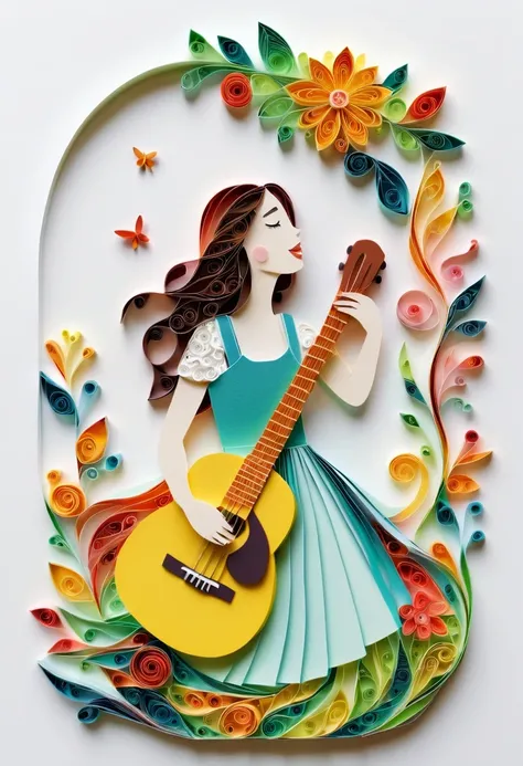 (paper art，layered paper art，paper quilling, 剪paper art术,Paper art ), pure white background, Open a vertical book,Girl singing with guitar in hands,spring