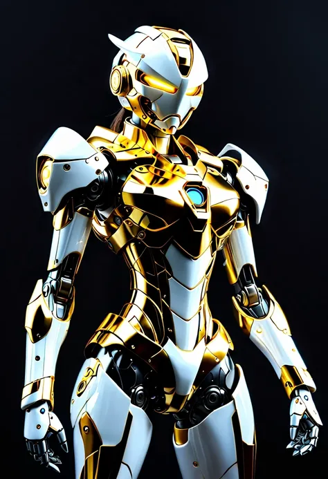 (full-body shot:1.5), (full view:1.5), Pure black background, There is a white and gold transparent girl mecha standing on the ground.，Get into fighting stance,Exquisite white transparent glass mechanical armor, Metal mechanical mask, Precision luminous el...