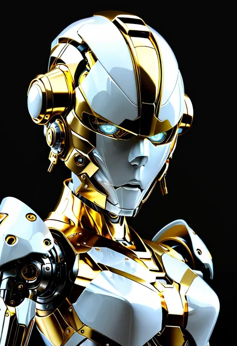 (full-body shot:1.5), (full view:1.5), Pure black background, There is a white and gold transparent girl mecha standing on the ground.，Get into fighting stance,Exquisite white transparent glass mechanical armor, Metal mechanical mask, Precision luminous el...