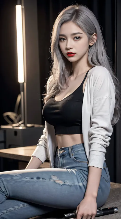 sfw, (Sci-fi fantasy), (Masterpiece), (professional oil painting) (best quality), (8k resolution), (1 beautiful girl), ((pale gray skin)), (iron gray skin), small head, ((jeans clothes)),(red jacket)), ((black t-shirt underneath), ((red lipstick)), ((black...