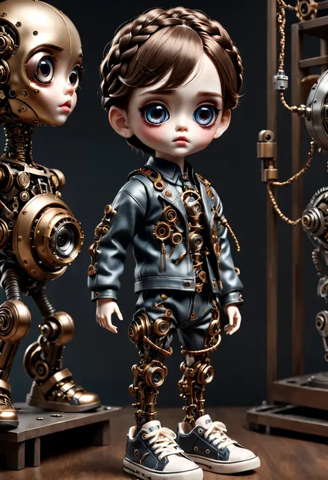 （best quality，4k，masterpiece：1.2），super detailed，lifelike：1.37，儿童书桌上的2个LovelyMechanical dolls，decoration，Possess human emotions and intelligence，Mechanical dolls，big eyes，dark eye makeup，mute，Lovely，Mechanical joint，Two boys with pigtails，whole body，sports...