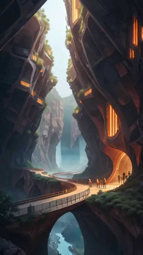 futuristic sci-fi masterpiece, cybernetic residential beehive pod architecture designs carved inside of grand canyon caves , realistic ,intricate, detailed ,modern, neo cave centric design,rocks,waterfalls,vegetation, organic futurism, indigenous futurism,...