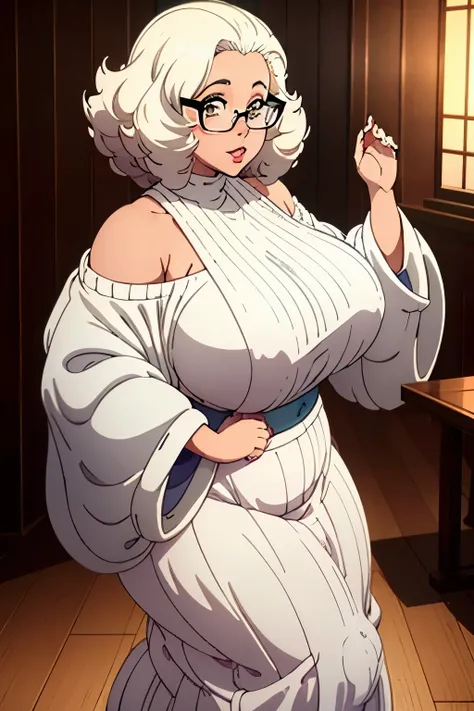 One Women, Albino, chubby-cheeks, pearly curly afro, full lips, small-breasts, plump-butt, off the shoulders sweater, long skirt , glasses , cold vibes, 4k resolution, japanese goddess, voluptuous, looking at viewer, dominant