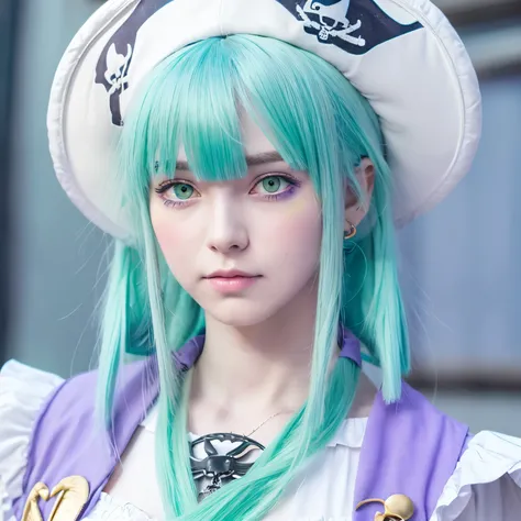 (pastel,lilac eyes), (pastel,green-blue hair with white bangs), (fair,pale) skin, (pirate outfit), (apathetic personality), create the character in an anime style