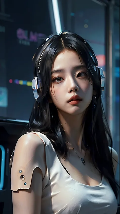 ((best quality)), ((masterpiece)), (highly detailed:1.3), 3d, beautiful (cyberpunk:1.3) woman with long black hair, sexy white d...