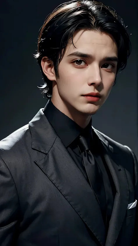 Handsome Jonathan Watson man black hair black suit vampire like appearance upper body short