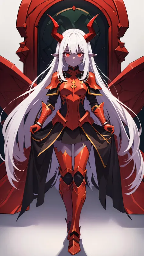 (1girl, pointy ears,demon horn, colored skin, glowing, white hair absurdly long hair multi-tied hair, glowing eyes,green demon eyes, , tired) (digital) (standing in detailed fitting throne, (red armor)) , best quality, voidelf,