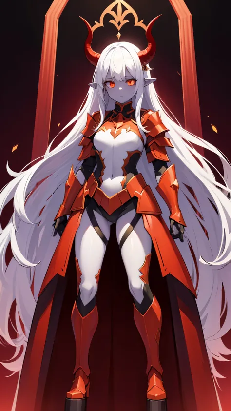 (1girl, pointy ears,demon horn, colored skin, glowing, white hair absurdly long hair multi-tied hair, glowing eyes,green demon eyes, , tired) (digital) (standing in detailed fitting throne, (red armor)) , best quality, voidelf,