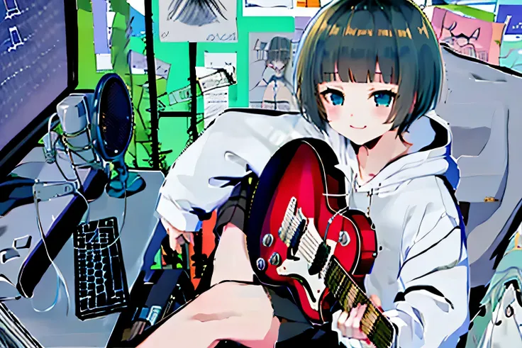 overdose, 1 girl, alone, holding, sitting, chair, musical instrument, microphone, guitar, cable, computer, monitor, holding musi...